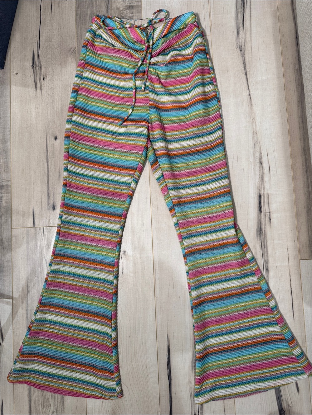 Lena Multi-Striped Knit Flare Pants - Green, Blue, Pink, Orange, Cream